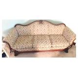 CAMEL BACK SOFA, SCROLL ARMS, WOODEN FRAME, 82