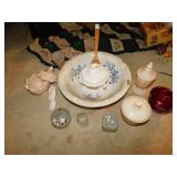 COVERED CANDY DISHES, LARGE BOWL WITH CHIP, VASE,