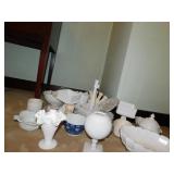 GROUP MILK GLASS, BUD VASE, SERVING BOWLS, PIGGY