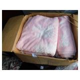 LARGE BLANKET RED PLAID & PINK TOWELS, BOX FULL