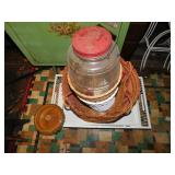 GLASS JUG, WOVEN BASKET, LAP TRAY, NUT DISH, ETC