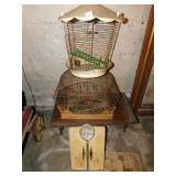 2 BIRD CAGES, VINTAGE SCALE, STOOL