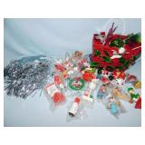 CHRISTMAS ORNAMENTS SOME NEW IN BAG, TINSEL,