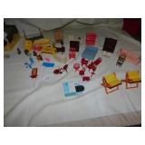 DOLL FURNITURE, MINIATURE PLATES, TEA CUPS,