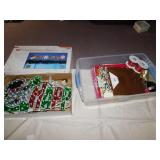 HAPPY HOLIDAY BANNER, LIGHTED; GIFT BAGS IN BIN