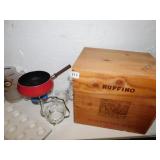 RUFFINO WOODEN BOX, FONDUE POT, RAVIOLI PLATE,