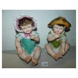 VINTAGE FIGURINES, 2 GIRLS SITTING, 10.5" H, PINK