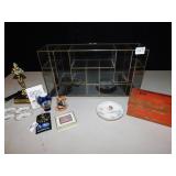 GLASS DISPLAY CASE, 8.5" H 16" W WITH TRINKETS,
