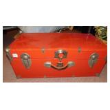 RED METAL TRUNK, 10 3/4" H X 28" W X 15" D
