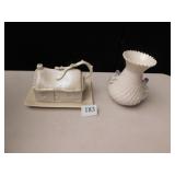 BELLEEK VASE WITH PURPLE FLOWERS & COTTAGE