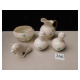 BELLEEK CREAMER, SUGAR, SALT & PEPPER, PIG