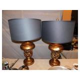 PAIR LAMPS, BROWN & GOLD LAMPS WITH BLACK SHADES,