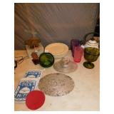 PARTY LIGHT CANDLE HOLDER, GREEN GLASS ASHTRAY,