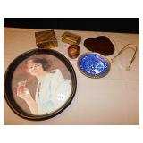 TRINKET BOXES, COCA-COLA TRAY, PLATE EASELS, ETC