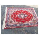 BRIGHT RED RUG WITH CREAM, NAVY BLUE, AND LIGHT