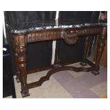 ENTRY TABLE, MARBLE TOP, CARVED FRONT & LEGS, 35"