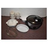 CROCK POT, BAKING DISHES, 2 CANISTERS