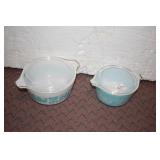 TWO PYREX BLUE AND WHITE COVERED DISHES