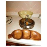 VINTAGE SALAD BOWL, WOODEN NUT DISH AND CRACKER,