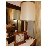 LAMP AND NEEDLEPOINT CLOCK AND DOILY