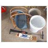 3 BASKETS, 2 BUCKETS, AND 2 FOOT PUMPS.