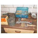 SMALL METAL TOOLBOX, ANTIQUE LEVEL, VARIOUS NUTS