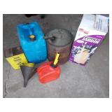 GAS CANS, GARDEN SPRAYER, FUNNEL.