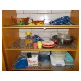 PLASTIC CONTAINER, WICKER BASKETS, GLASS PITCHER,