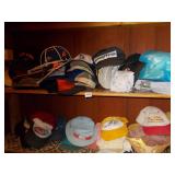 LARGE GROUP OF HATS AND 2 SHOE RACKS.