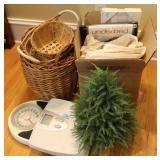 GROUPING: BATH SCALES, BASKET, BOOKS, UNDERBED