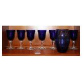 7 COBALT BLUE GOBLETS AND 1 VASE