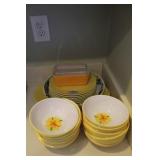 GROUPING: PYREX DISH, YELLOW BOWLS, PLATES, ETC.