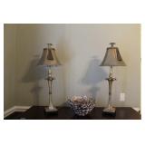 PAIR BANQUET STYLE LAMPS AND CENTERPIECE BOWL