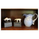 BLUE PITCHER, WALL STREET BEAR AND BULL BOOK ENDS