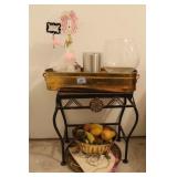 GROUPING: WROUGHT IRON TABLE, BRASS PLANTER, ETC.
