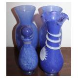 4 BLUE ART GLASS VASES