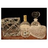 5 CRYSTAL PERFUME BOTTLES AND COVERED BOXES