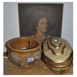 PLANTER, PICTURE AND COVERED BOX (NEEDS REPAIR)