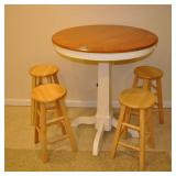 HIGH TOP TAVEN TABLE AND 4 NON-MATCHING STOOLS