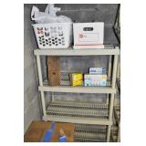 SHELF AND CONTENTS: LIGHT BULBS, BIRDHOUSE