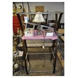 WOOD AND GLASS SHELF UNIT WITH ELEPHANT LAMP