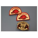 ARKANSAS RAZORBACK PATCHES AND BELT BUCKLE