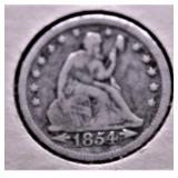 1854 SEATED QUARTER VG
