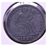 1887 SEATED DIME VF