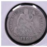 1891 SEATED DIME VG