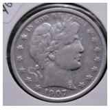 1907 S BARBER HALF DOLLAR VF