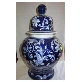 15" BLUE AND WHITE CERAMIC TEMPLE JAR