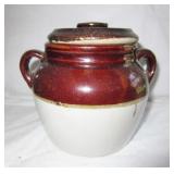 4 1/2" BROWN & WHITE BEAN CROCK WITH LID