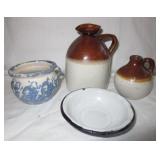 4 MINIATURES: 4 1/2" BROWN/WHITE CROCK JUG,