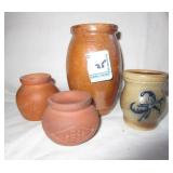 4 MINIATURES: 4" CROCK, 2" CROCK W/BLUE DECORATION